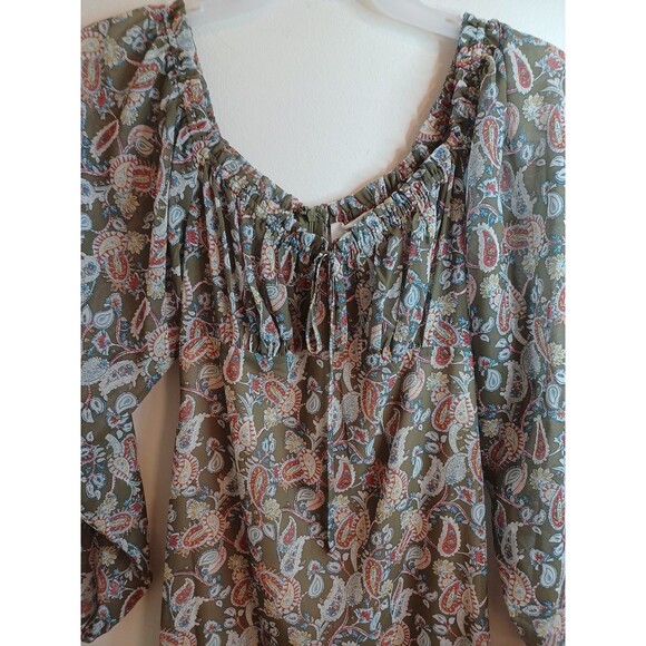 Lucca Floral Paisley Mini Dress M Green Balloon Sleeve Sheer Lined Boho Peasant - Picture 7 of 9